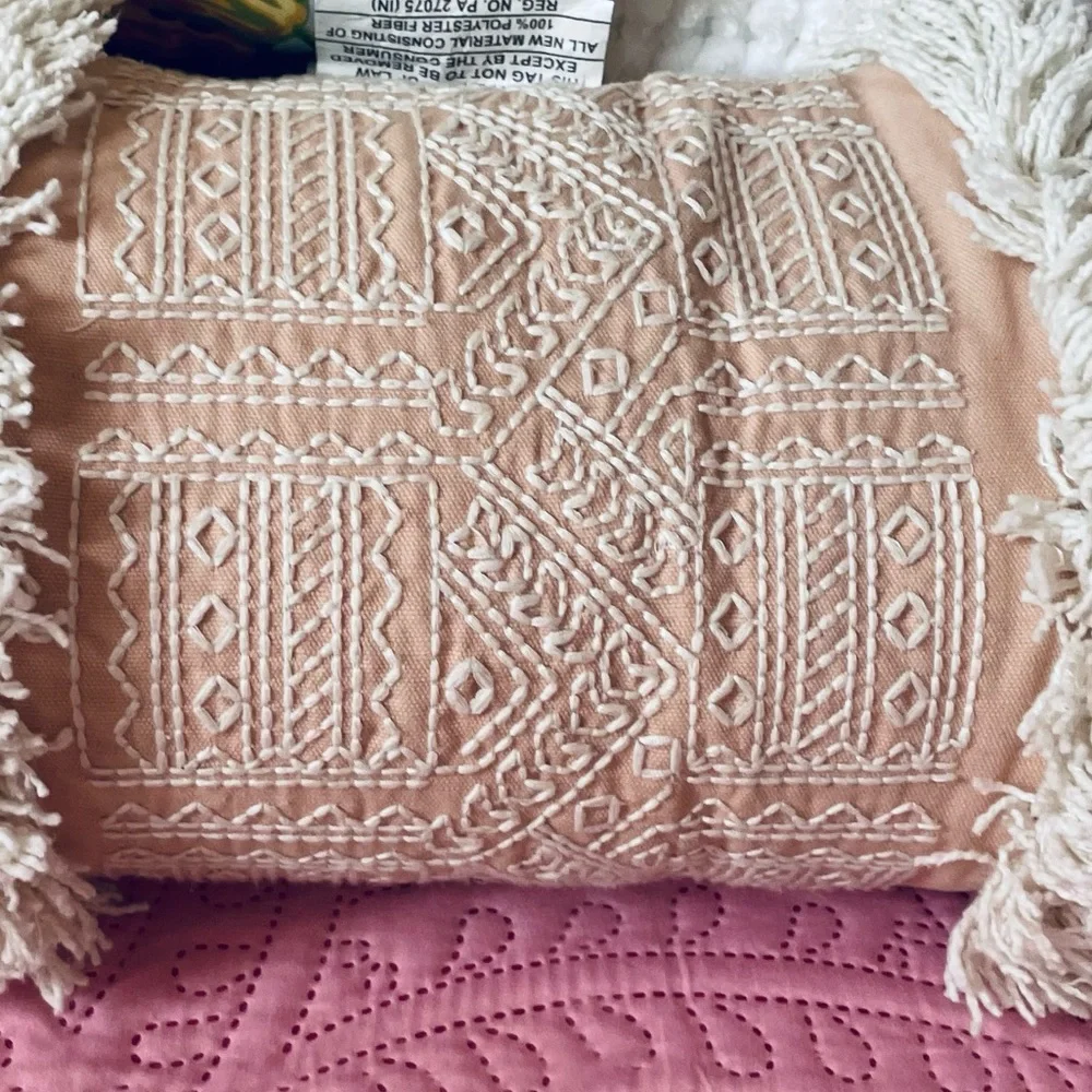 Opalhouse Boho Pink and white embroidered fringe Oversized Oblong Throw Pillow